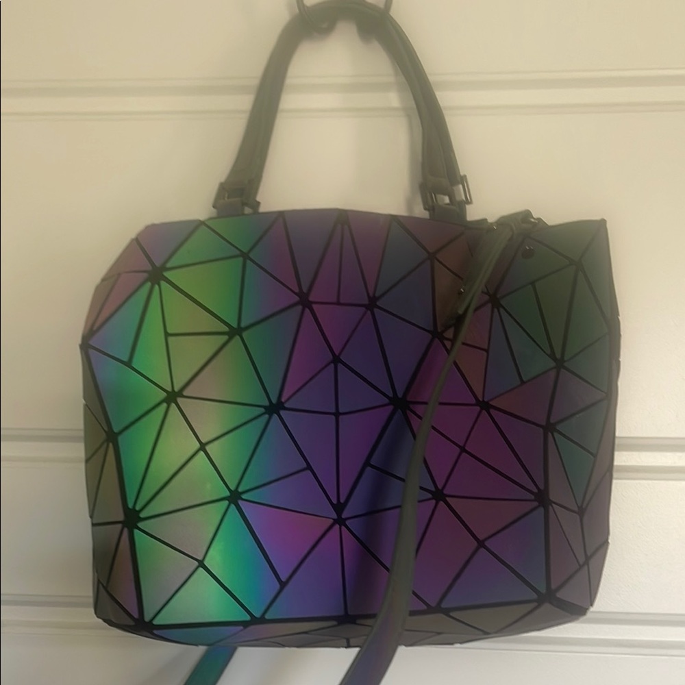Green and Purple Geometric Shoulder Bag with Holographic Effect